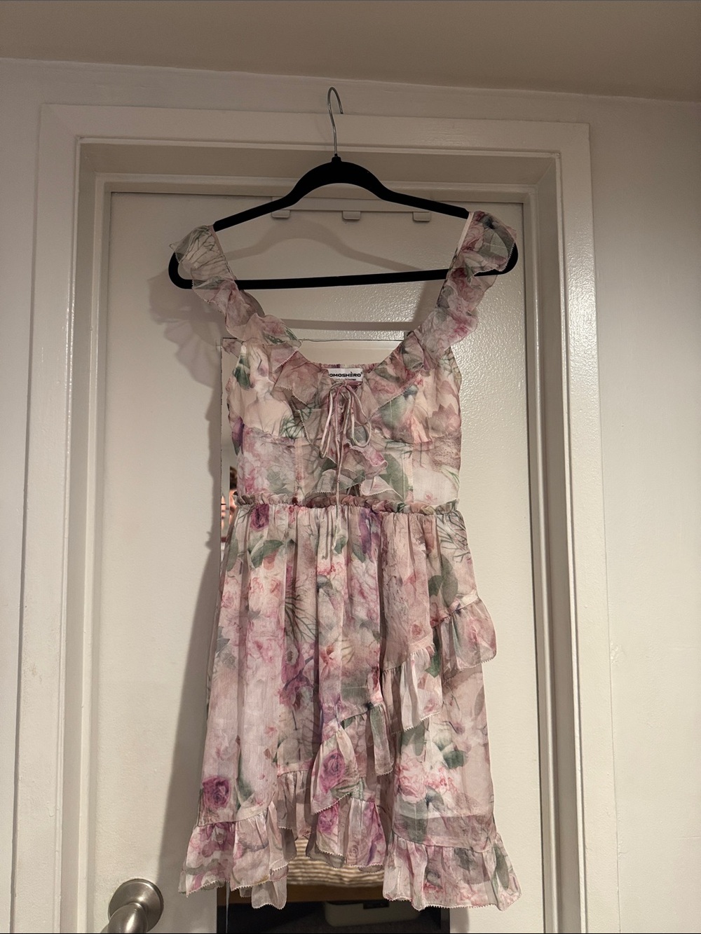 Floral Pink Ruffle Mini Dress with Tie Front